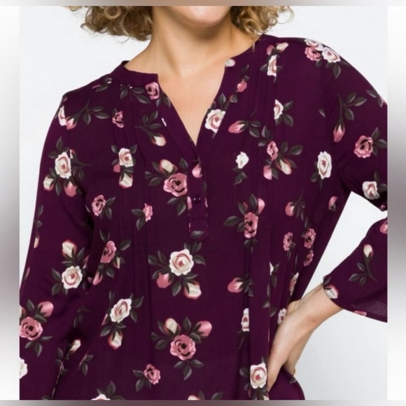 Monday Fun Pleated Floral Flowy 3/4 Sleeve Boho Blouse Top Purple Size XS - Picture 2 of 10